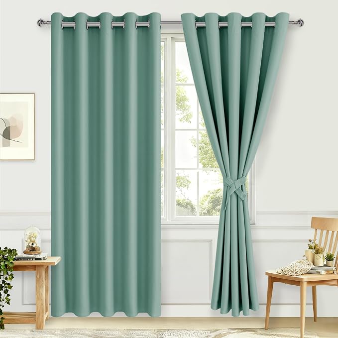 Hiasan Blackout Curtains for Bedroom, 60 x 84 Inches Long - Thermal Insulated & Noise reducing Window Curtains for Living Room, 2 Drape Panels Sewn with Tiebacks, Sage Green
