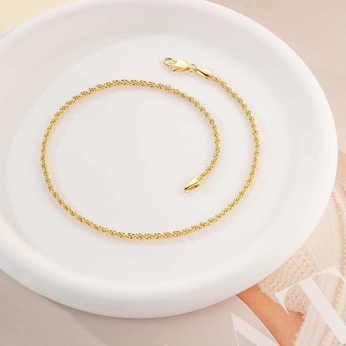 14K Gold Anklets for Women Gold Ankle Bracelet for Women Waterproof Rope Chain Ankle Bracelet for Men 2mm Thin Golden Anklets Jewelry for Women & Men 9/10/11in