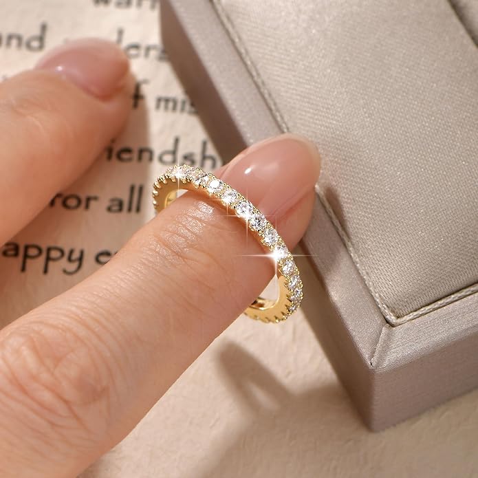 14K Gold Filled Silver Simulated Diamond Moissanite Engagement Promise Ring for Her, Stackable Ring Channel Setting Full Eternity Bridal Band Halo Rings Wedding Bands Size 4 to 10
