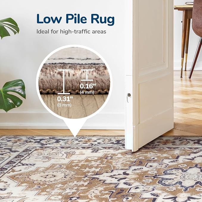 Lessymo 8FT Washable Round Area Rugs for Living Room, Non Slip Circle Rugs Low Pile Vintage Carpet for Bedroom, Dining Room, Nursery, Home Office, Brown Beige