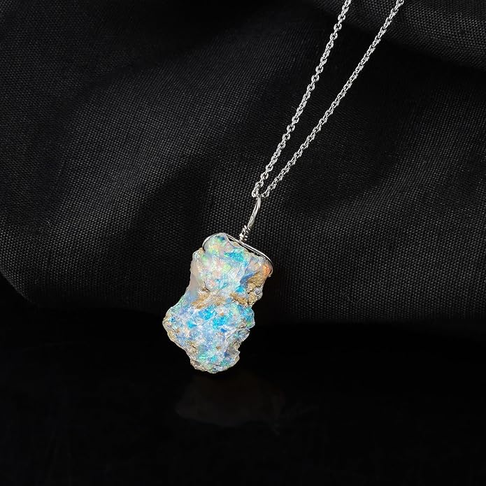 Raw Ethiopian Fir Opal Pendant Necklace for Women, Dainty Pendant, Handmade October Birthstone, Hypoallergenic Spiritual Healing Stone 925 Sterling Silver Chain 20" Birthday Gifts