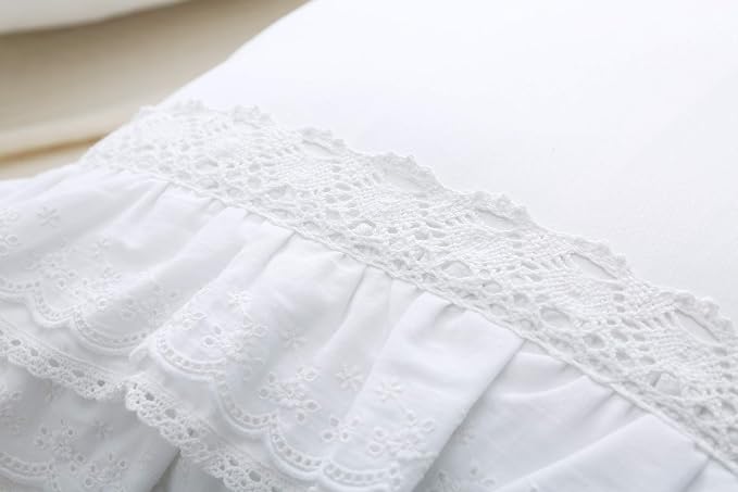White Lace Square Pillow Covers Euro Shams with Ruffles Cotton 18"X18" 2-Pack Zipper Closure Luxury Elegant