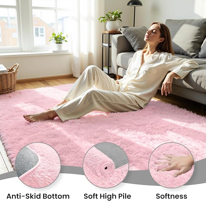 8x10 Area Rug for Living Room, Ultra Soft Fluffy Pink Rugs for Bedroom, Non Slip Large Shag Carpet, Fuzzy Plush Nursery Rug, Thick Washable Indoor Floor Carpets for Kids Office Dorm Home Decor
