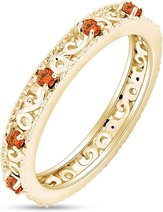 Jewel Zone US Filigree Eternity Wedding Band Ring for Women, Round Cut Simulated Gemstone Stackable Promise Ring in 14K Gold Plated 925 Sterling Silver Band Width 3.5mm – Elegant Jewelry for Her