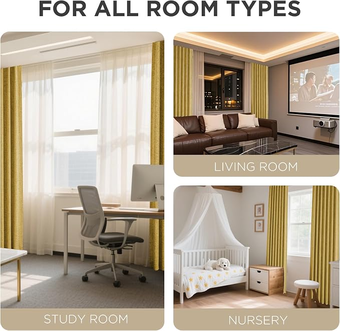 Joydeco Blackout Curtains for Bedroom - 100% Light Blocking 2 Panels Set Yellow Drapes 42" W x 84" L, Thermal Insulated Room Darkening Curtains, Linen Textured for Living Room, Rod Pocket & Back Tabs