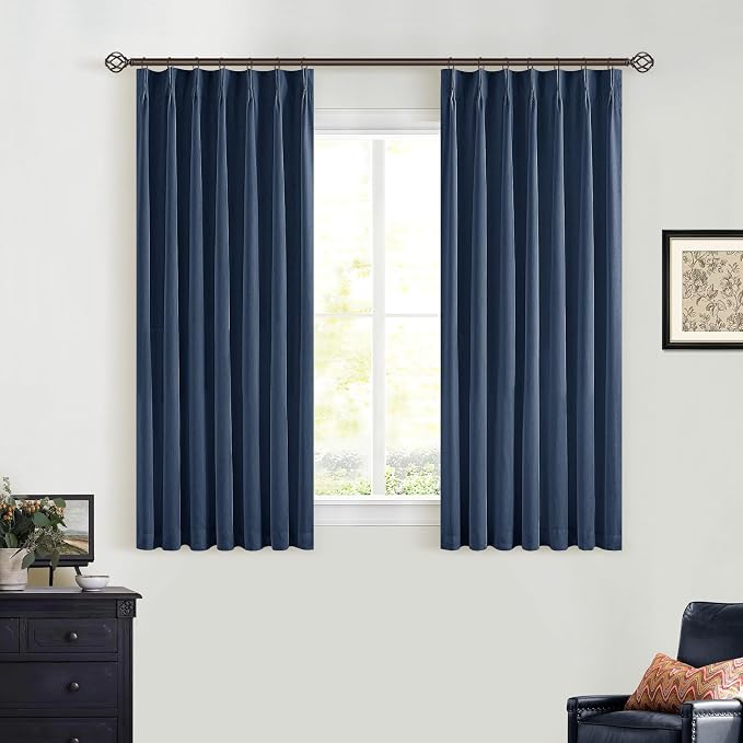 Navy Blue Pinch Pleat 100% Blackout Linen Curtains 2 Layers 45 Inch Long | Memory Trained, Thermal Insulated, UV Blocking, Noise Reducing, Room Darkening, Black Out Short Curtains for Kitchen 2 Panels