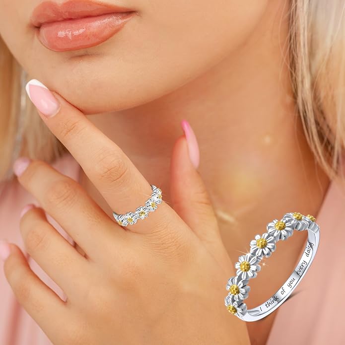 Dainty Daisy Ring for Women, S925 Sterling Silver Cubic Zirconia Sunflower Flower Ring For Daughter, I Think Of You Every Daisy Ring, Birthstone Flower Ring