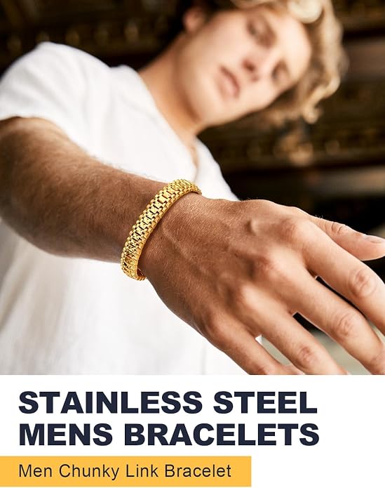U7 Link Bracelets for Men, Cuban Link/Rope/Watch Band Solid Bracelet, Silver Black Gold Color Wrist Bracelet 3/6/9/12/15mm Width, 6.5/7.5/8.3 Inch Length, Hand Chain Jewelry for Mens Women