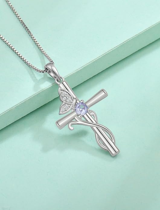 STARCHENIE Butterfly Cross Necklace 925 Sterling Silver Crucifix Pendant Birthstone Jewelry for Women