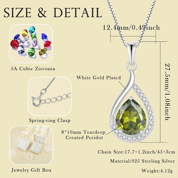 Teardrop Birthstone Necklace for Women 925 Sterling Silver White/Yellow Gold Plated Cubic Zirconia Pendant Necklace Jewelry for Her