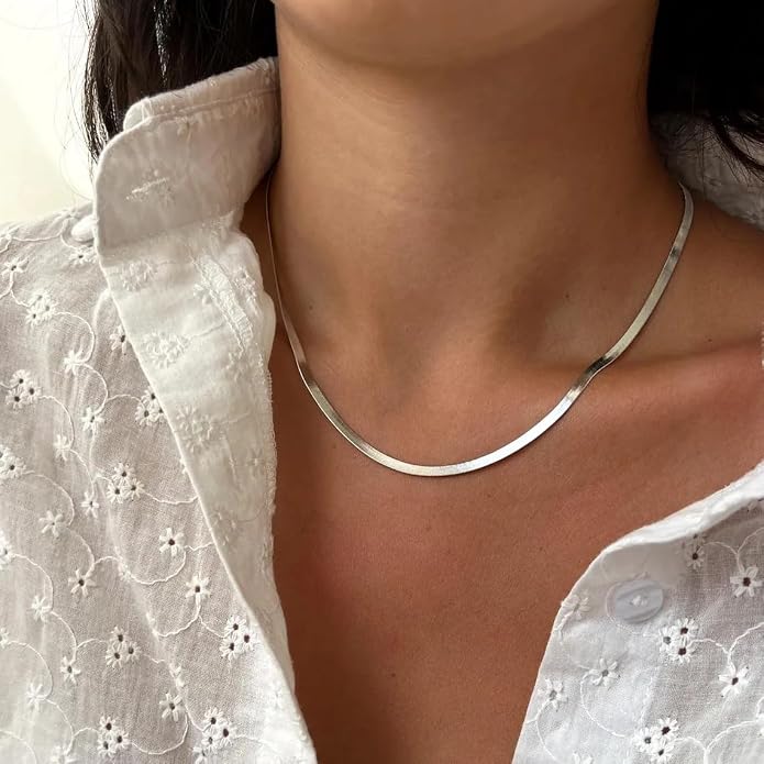 WomenGifts 14K Gold Silver Plated Herringbone Necklace for Women, Dainty Snake Chain Choker, Trendy Simple Long Layered Jewelry Non Tarnish, 3/4/5/8mm,14,16,18,20,22,24,26 Inch Thin & Chunky Options