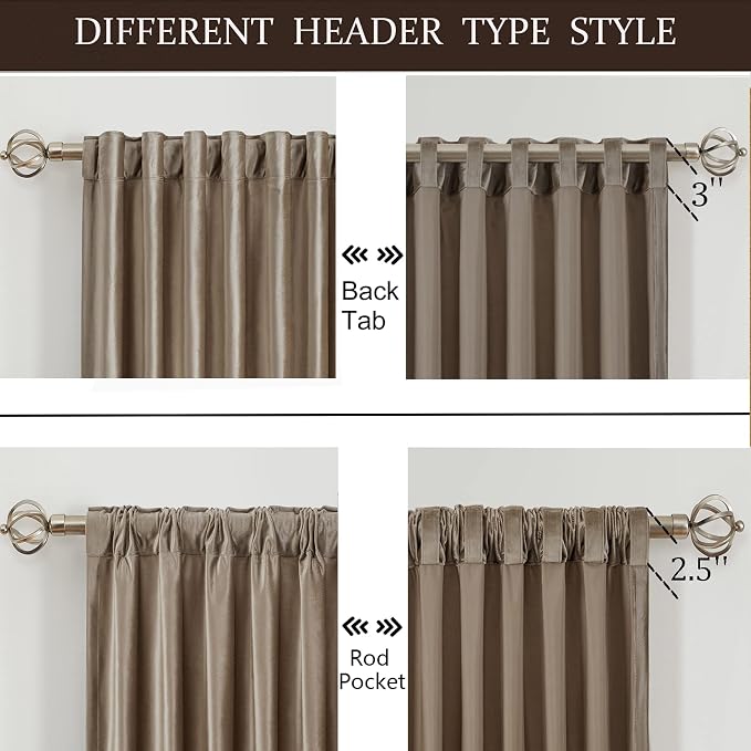 PRIMROSE Blackout Taupe Velvet Curtains, 63 inch Long for Living Room, Set of 2 Panels with Liner Rod Pocket Back Tab, Thermal Room Darkening Heavy Decorative Curtains