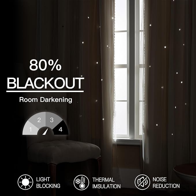 XiDi Beige Blackout Curtains with Sheer Overlay Star Cut Out Design Warm Color Double Layer Curtains Thermal Noise Reduction Grommet Darpes for Girls Kids Bedroom Living Room 52 x 84 Inches, Set of 2