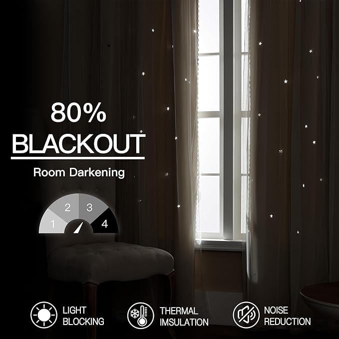 XiDi Beige Curtains with Sheer Overlay for Living Room Bedroom Small Window 2 Panels 80% Blackout Double Layer Star Curtains for Kids Girls Room Darkening Grommet Drapes with Tiebacks W52 X L45