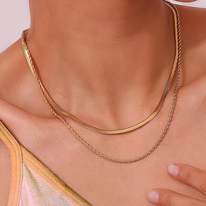 18K Gold Plated Herringbone Necklace Set for Women - Set of 2 (16"+18"),Layered Flat Snake Chain Choker-18K Gold & White Gold Tone -Tarnish Resistant Jewelry Gifts for Women/Girl