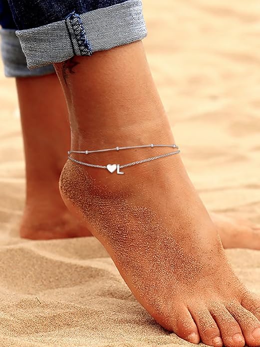 PROSILVER Ankle Bracelets for Women S925 Sterling Silver Anklets for Women Waterproof, Dainty Layered Heart Anklet, Beach Initial Anklet for Summer, Letter A-Z
