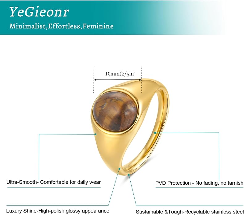 YeGieonr Gold Signet Rings for Women Non Tarnish Gold Rings, Waterproof Gemstones Statement Ring, 18K Gold Plated Stainless Steel Gem Stone Jewelry Gift for Everyday Wear