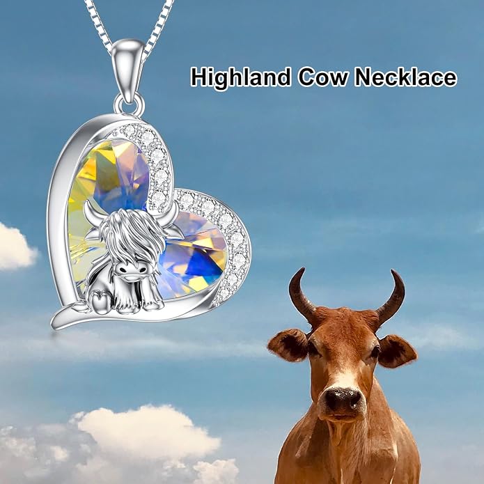 Highland Cow Gifts for Women 925 Sterling Silver Highland Cow Birthstone Necklace Fluffy Cow Jewelry Gifts Birthday Christmas