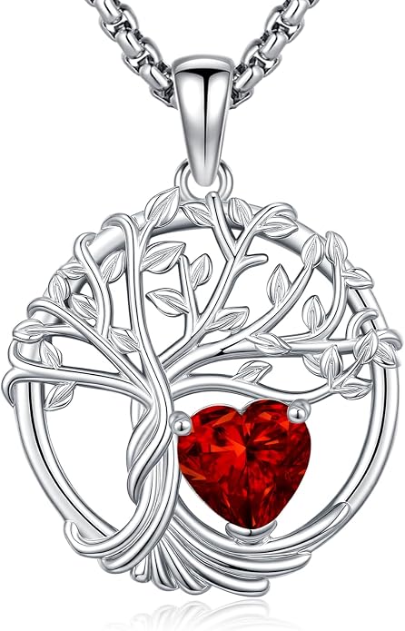 Birthstone Tree of Life Necklace for Women Heart Crystal Pendant Silver Plated Birthday Anniversary Jewelry for Wife, Mom, and Her