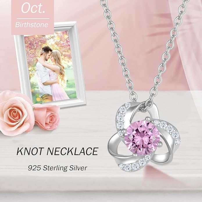 18K Gold Plated Love Knot Necklace for Women, 925 Sterling Silver Round cut Birthstone Pendant Necklace With Chain Lucky Flower Jewelry Gift