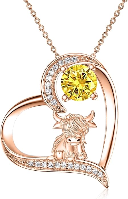 Highland Cow Gifts for Women 925 Sterling Silver Highland Cow Birthstone Necklace Fluffy Cow Jewelry Gifts Birthday Christmas