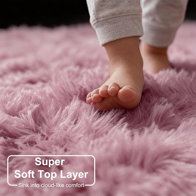 Amdrebio Mauve Pink Round Area Rug 6Ft for Girls Bedroom, Cute Fluffy Shaggy Circle Rugs for Kids Room Decor, Shaggy Furry Carpet for Princess Nursery Playroom, Large Fuzzy Plush Dusty Rose Blush Rug