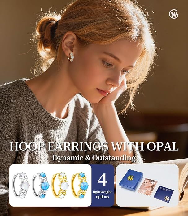 Opal Earrings for Women Gold Plated Hoop Earrings with Blue Opal Huggie with 925 Sterling Silver Post
