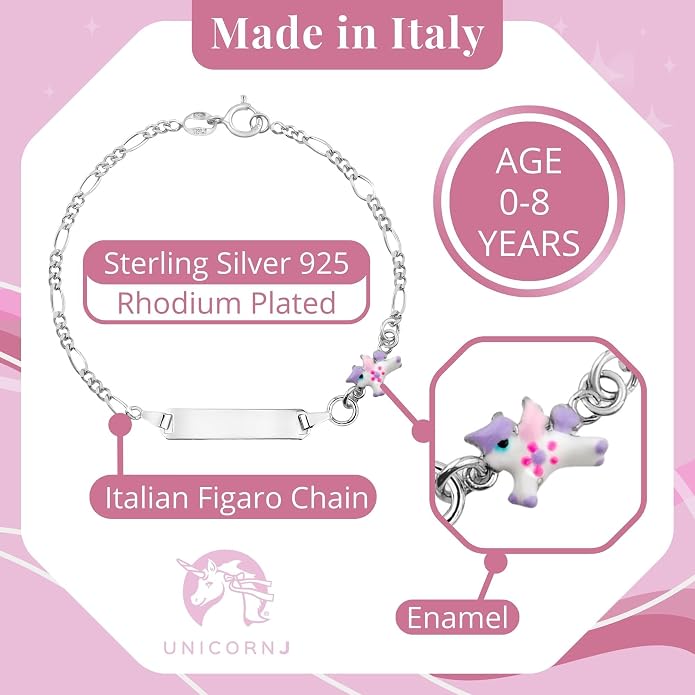UNICORNJ 925 Italy Sterling Silver Child or Baby Name Bracelet Girls Boys, Personalized Engraved Kids ID Bracelets, 6.5" Figaro Chain, Enamel Charm Newborn Infant Toddler Kid Jewelry