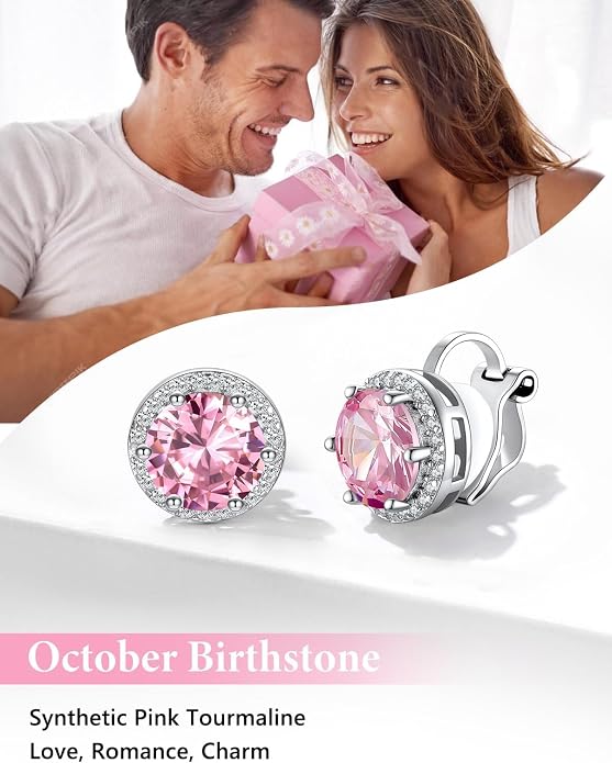 Silvora 925 Silver 8MM Cubic Zirconia Birthstone Clip On Stud Earrings Round Non Pierced Earrings For Women,Come with Box