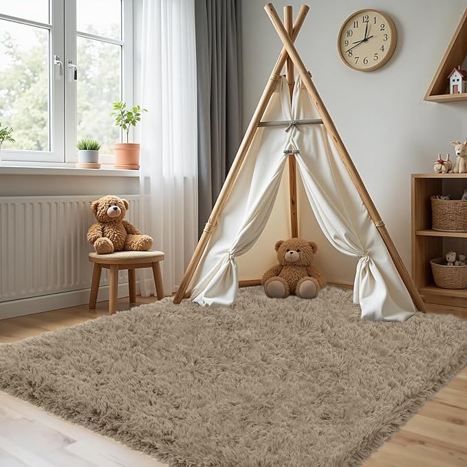 4x6 Area Rug for Living Room, Ultra Soft Fluffy Shag Rugs for Bedroom, Non-Slip Large Fuzzy Plush Rug Indoor Floor Carpet for Nursery Kids Office Dorm Modern Decor, Gray Camel