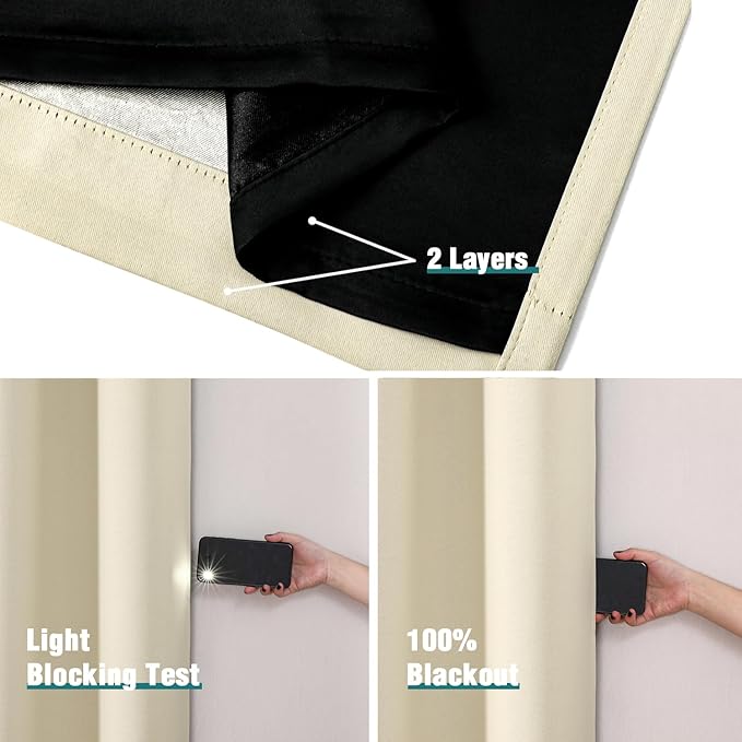 ChrisDowa 100% Blackout Curtains for Bedroom 80 Inches Long 2 Panels Set | 2 Thick Layers, Thermal Insulated, Light Blocking, Grommet, Window Treatment, Living Room Drapes, Light Beige, 52 x 80 Inch