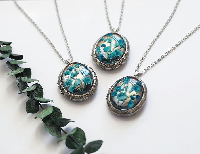 Handmade Oval Shaped Photo Locket with dried Pressed Flowers Locket pendant Necklace