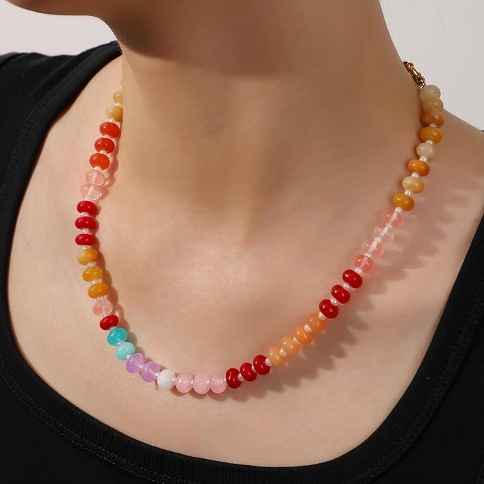 LALAPPLE Colorful Beaded Gemstone Necklace for Women, Boho Rainbow Bead Choker with Natural Stone Crystal Beads, Handmade Summer Beach Necklace Jewelry