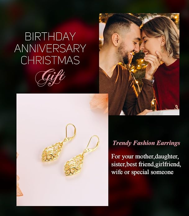 Sterling Silver Leverback Dangle Earrings for Women Teardrop Filigree 14K Gold Plated Dangly Earrings Mother’s Day Gift