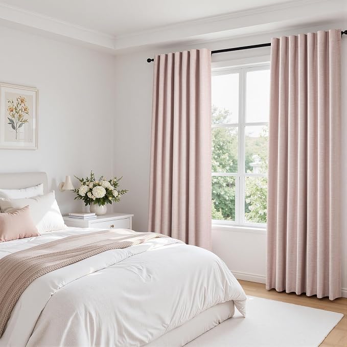 Topfinel 92 Inch Linen Curtains 2 Panels Set for Living Room Bedroom Memory Training Shape Blush Pink Baby Girl's Room Drapes with Hooks Rings 100% Blackout Window Curtain Light Pink