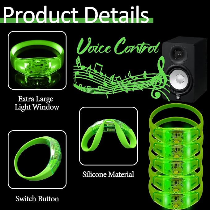 24 Pcs LED Glow Bracelets Sound Activated Music Control Light Up Bracelets for St Patty's Non Candy Goodie Gift Bag Stuffers Treats for Boy Girl For Birthday Party,Carnival,Concerts(green)