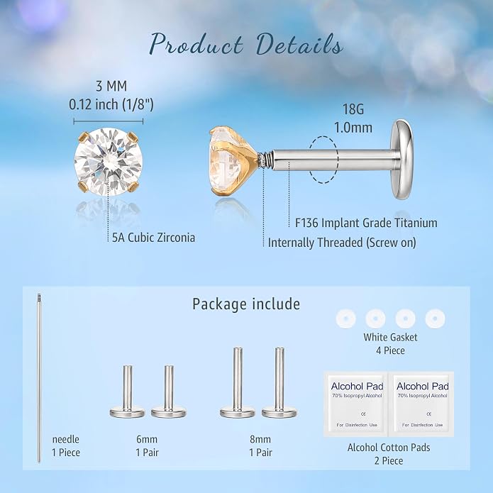 Limerencia 2Pcs 18g Titanium Internally Threaded Tragus Piercing Jewelry Nose Studs Flat Back Earrings Labret, Lip, Helix, Cartilage, Conch, Medusa Piercing for Women Men Sensitive Ears