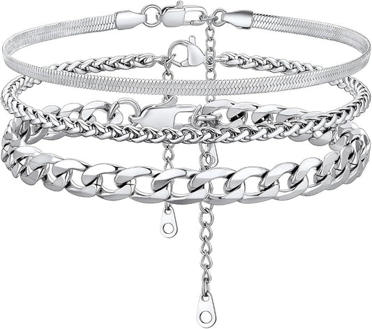 KeyStyle Paperclip Ankle Bracelets for Women, 14k Gold Plated Cuban Chain Rope LInk Anklets Sets, Stainless Steel Figaro Layered Anklet Pack Summer Jewelry(2PCS, 3PCS)