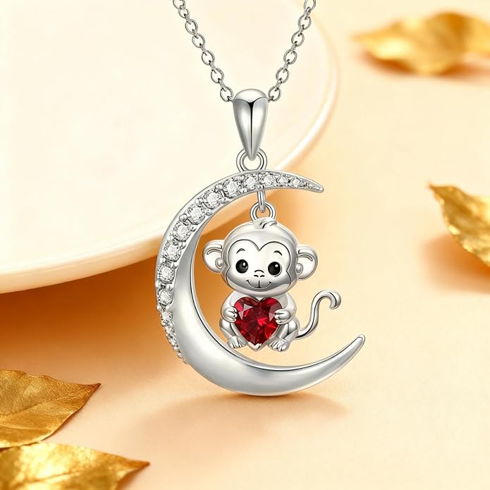 PROESS Animal Birthstone Necklace 925 Sterling Silver Otter/Axolotl/Hippo/Elephant/Dachshund/Monkey/Red Panda Pendant Necklace Animal Birthstone Jewelry Gifts for Women