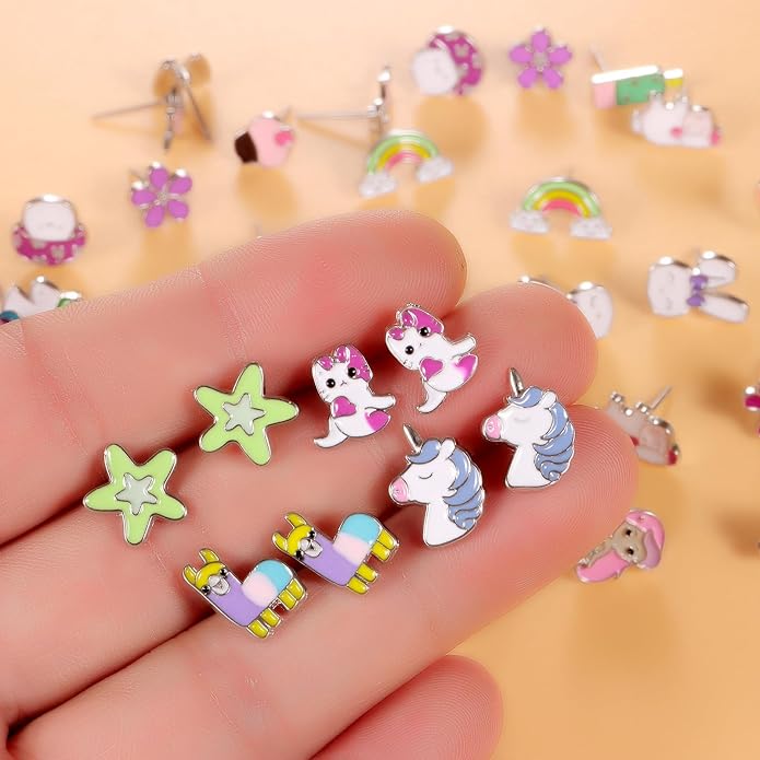 60 Pairs Cute Earrings Set - Hypoallergenic Stainless Steel Studs with Cartoon Characters, Colorful Faux Pearls & Sparkling Cubic Zirconias