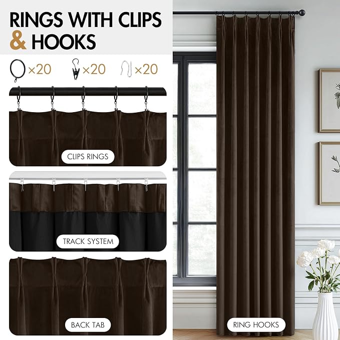MIULEE Chocolate Brown Velvet Curtains 90 inches Long, Pinch Pleated Blackout Drapes with Hooks, Thermal Insulated Pinch Pleat Panels for Bedroom Living Room, 2 Panels