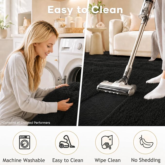 Ophanie Black Rugs for Living Room, Fluffy Furry Shaggy Fuzzy Area Rug, 5x8 Carpets for Bedroom Shag Plush Soft Large, Kids Home Decor Aesthetic with Over 99 pcs Pile fibers