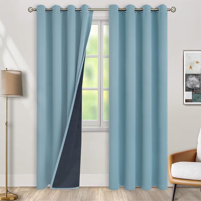 BGment Thermal Insulated 100% Blackout Curtains for Bedroom with Black Liner, Double Layer Full Room Darkening Noise Reducing Grommet Curtain (52 x 90 Inch, Greyish Blue, 2 Panels)