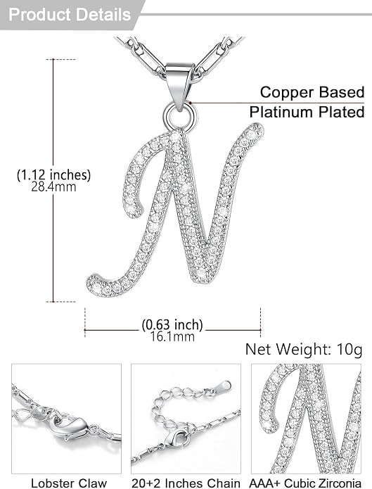 U7 Initial Necklace for Women, Gold/Platinum Plated CZ Crystal Letter A-Z Pendant Necklace, Shiny 20 Inch Name Chain Dainty Personalized Jewelry for Men Mom Wife Friend