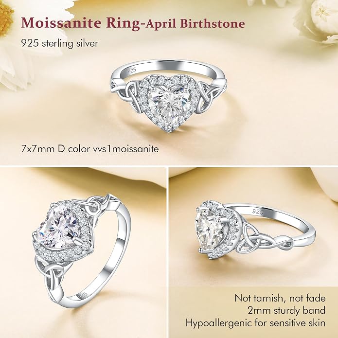 DAYBYDAY Celtic Birthstone Rings for Women 925 Sterling Silver Heart/Round/Pear/Oval Created Gemstone Moissanite Halo Engagement Promise Rings for Her Wife Birthday Anniversary Wedding Jewelry