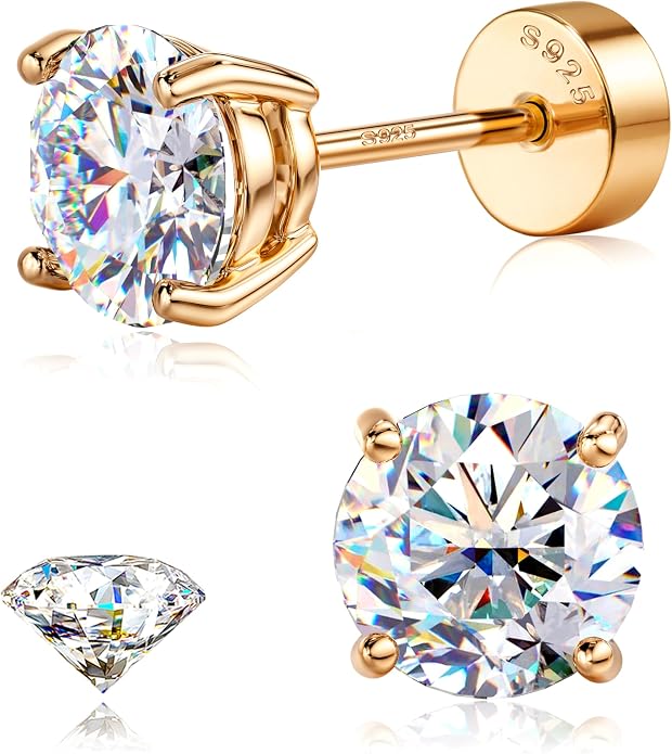GEMQUEEN Moissanite Earrings Studs : 18K Gold Plated Solid 925 Sterling Silver Stud Earring for Women Men Hypoallergenic Dainty Moissanite Jewelry for Sensitive Ears Round Cut D Color VVS1 2-7.5mm