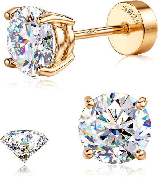 GEMQUEEN Moissanite Earrings Studs : 18K Gold Plated Solid 925 Sterling Silver Stud Earring for Women Men Hypoallergenic Dainty Moissanite Jewelry for Sensitive Ears Round Cut D Color VVS1 2-7.5mm