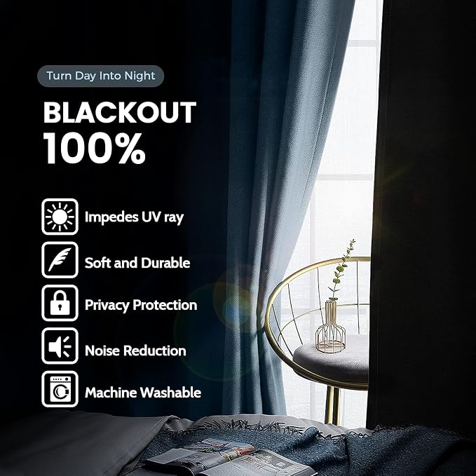 SimpleHome Stone Blue 100% Blackout Curtains Room Darkening Living Room 84L | Curtains for Bedroom,Thermal Insulated Grommet Window Drapes,Curtains for Living Room with Black Back,42 x 84 Inch,2 Panels