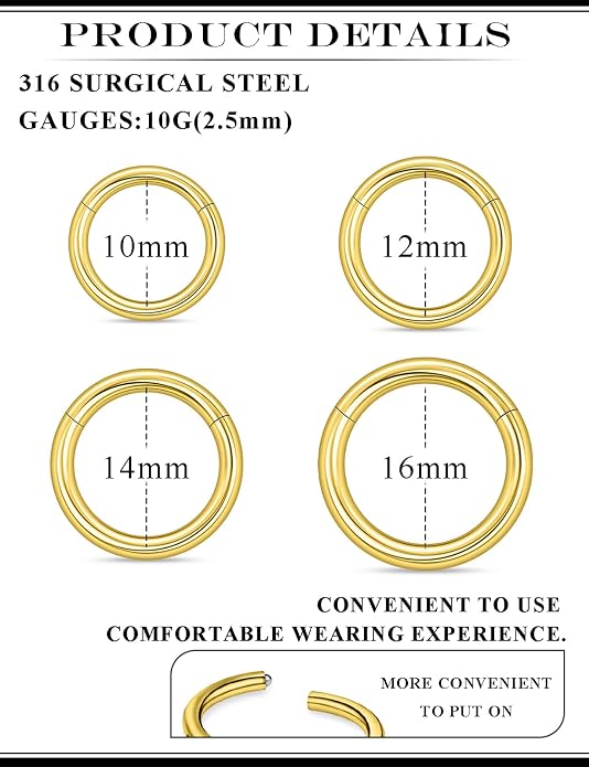 20G 18G 16G 14G 12G 10G 8G 6G Nose Rings Hoops 316l Surgical Steel Clicker Septum Lip Ring Tragus Helix Daith Rook Conch Snug Cartilage Lobe Earrings Hoop Piercing Jewelry For Women Men
