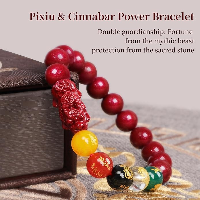Five Roads Wealth God Cinnabar Pixiu Bracelet - Feng Shui Red String Bracelet for Good Luck & Money Attraction, Fortune Blessing for Men & Women, Adjustable Lucky Charm Bracelet (Classic & Cinnabar Options, 8/10/12mm)